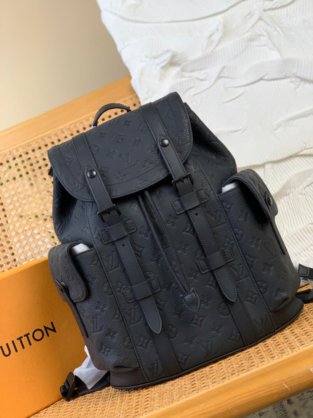Louis Vuitton CHRISTOPHER Men's Black Dark Logo Printed Drawstring Flap Closure Cowhide Leather Backpack Shoulder Bag Bags #75563
