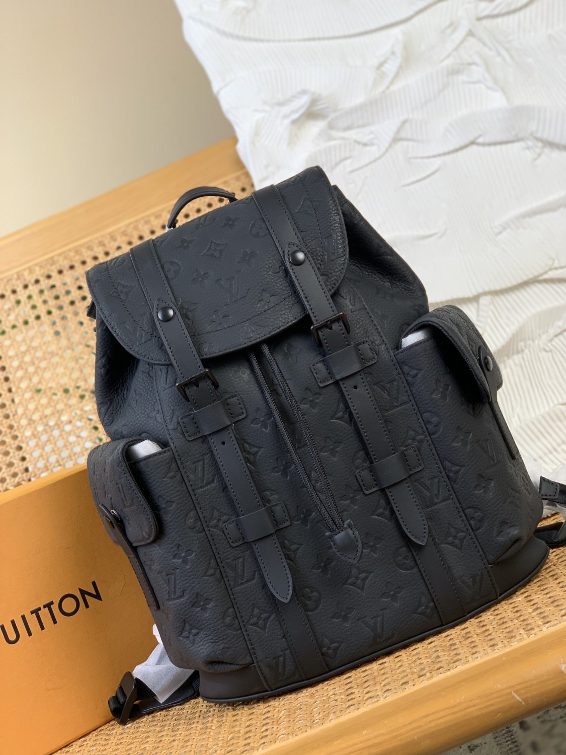 Louis Vuitton CHRISTOPHER Men's Black Dark Logo Printed Drawstring Flap Closure Cowhide Leather Backpack Shoulder Bag Bags #75563