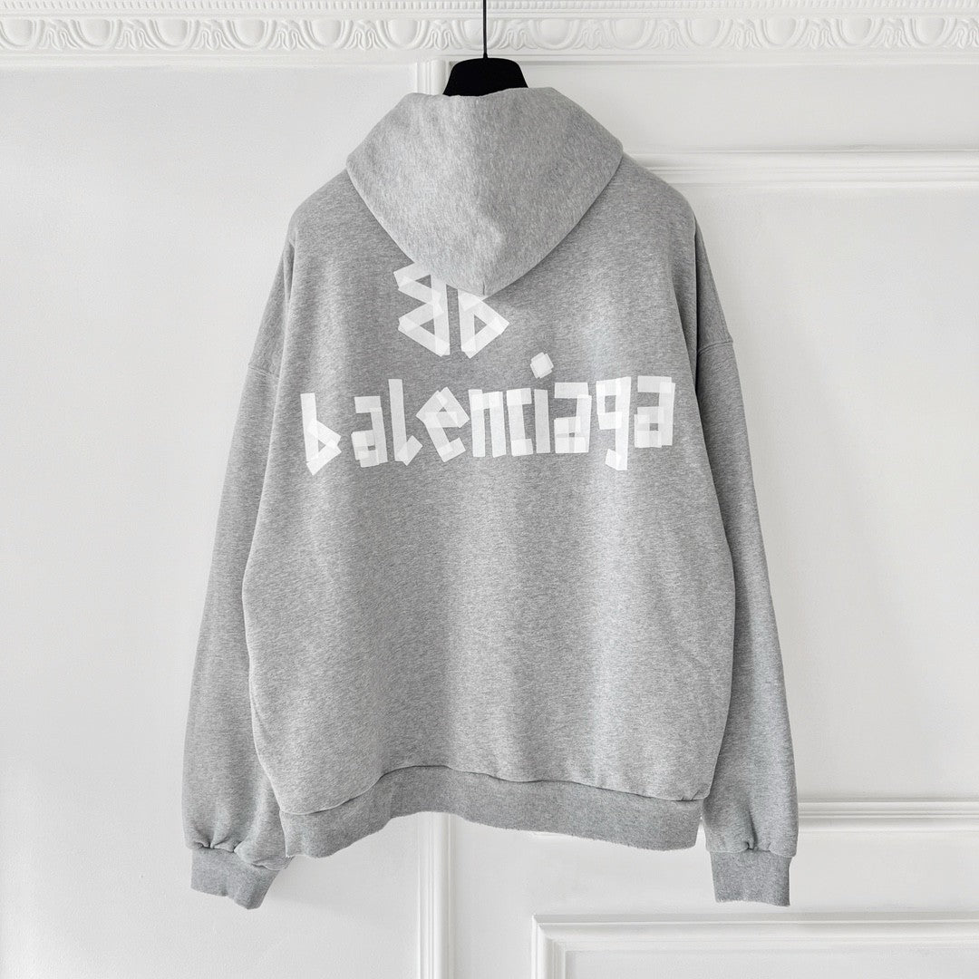 Balenciaga Men's Spring and Autumn Gray Letter Logo Printed Hooded Long Sleeve Sweatshirt Pullover #73489