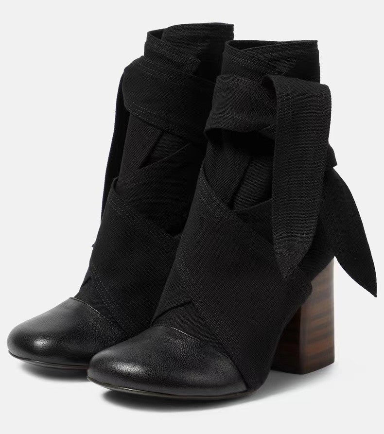 Lemaire Women's Canvas Leather High-Heeled Short Boots. Spring And Autumn Solid Color Bow Round Toe Lace-Up Thick Heel Casual Shoes Ngvp #2147