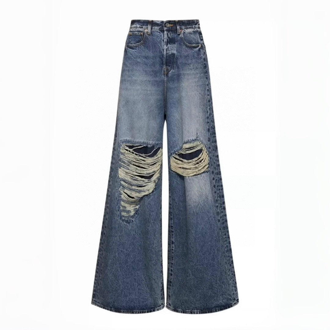 Vetements Men's Four Seasons Hole Blue Vintage Old Jeans Loose Straight Casual Wide Leg Pants Ngvp #9123