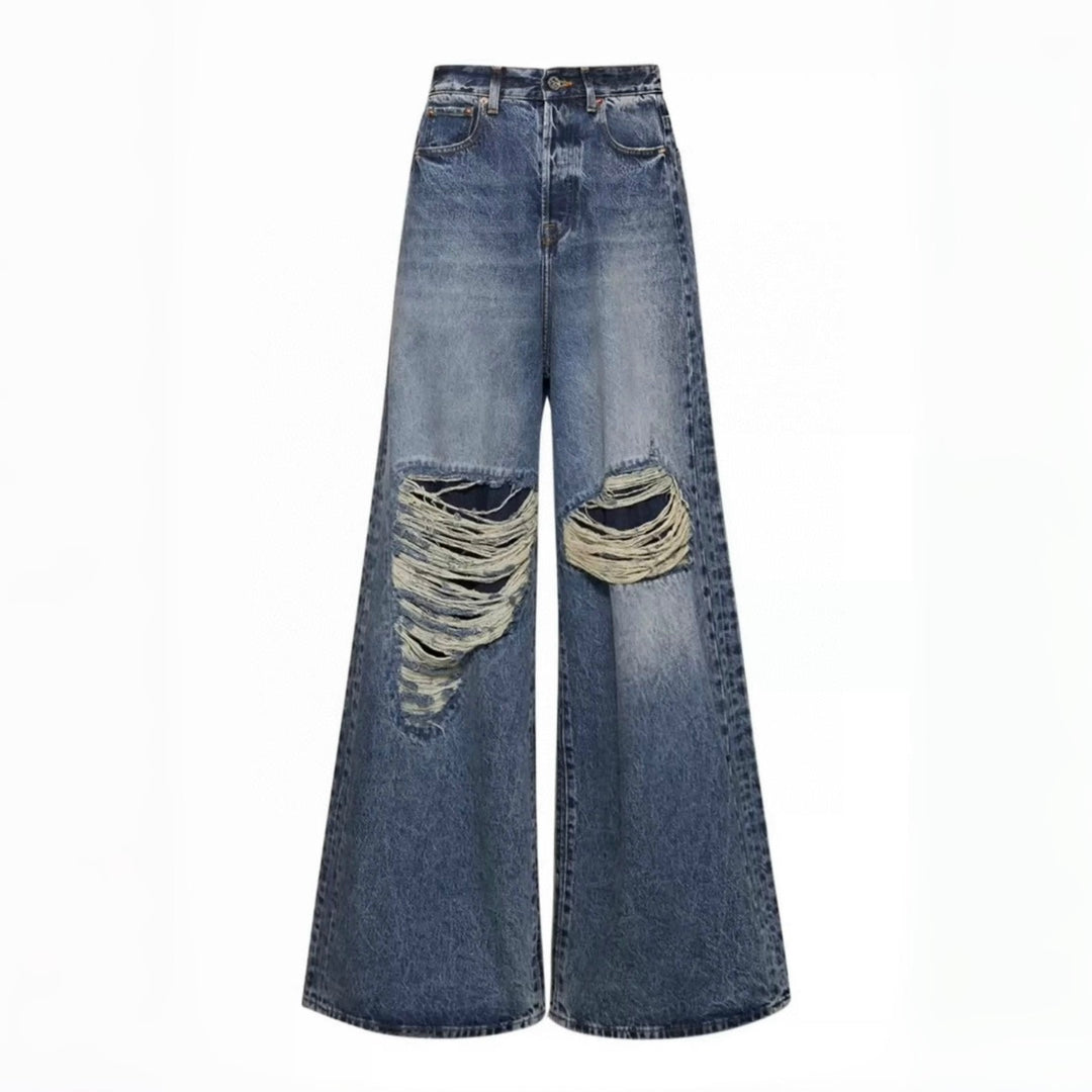 Vetements Men's Four Seasons Hole Blue Vintage Old Jeans Loose Straight Casual Wide Leg Pants Ngvp #9123