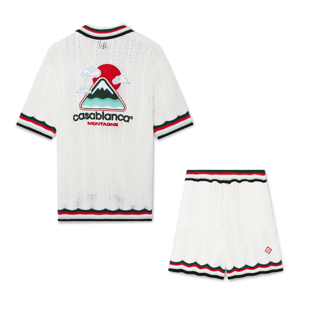 Casablanca Men's Summer Casual Solid Color Cotton Cloud Embroidery Knitted Sweater Shirt Logo Embroidery Striped Short Sleeve Shorts Set #78234