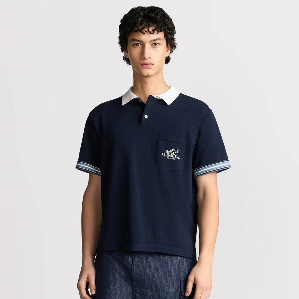 Dior Men's Summer Blue Cotton Plain Knit Fabric Suzuran Embroidery Polo Neck Short Sleeve T-Shirt #76931