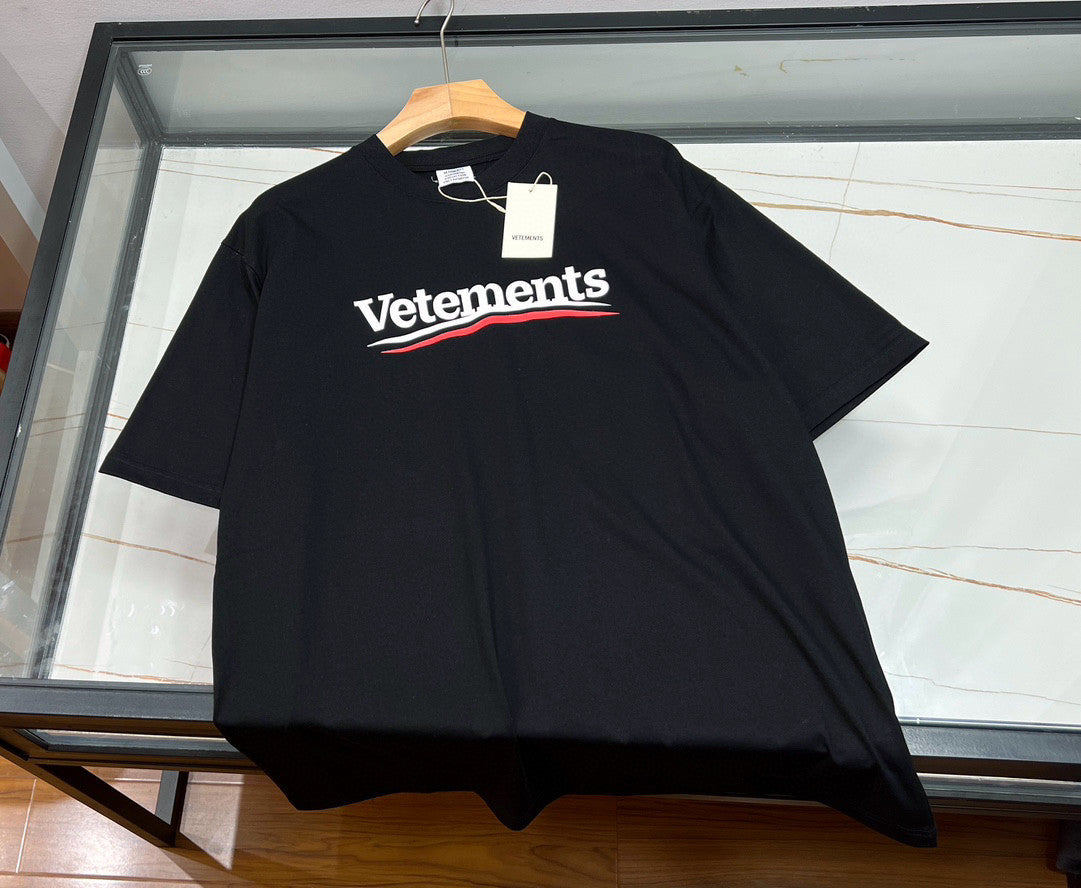 Vetements Men's and Women's Summer Letter Logo Printed Solid Colour Drop Shoulder Short Sleeve T-Shirt #99271