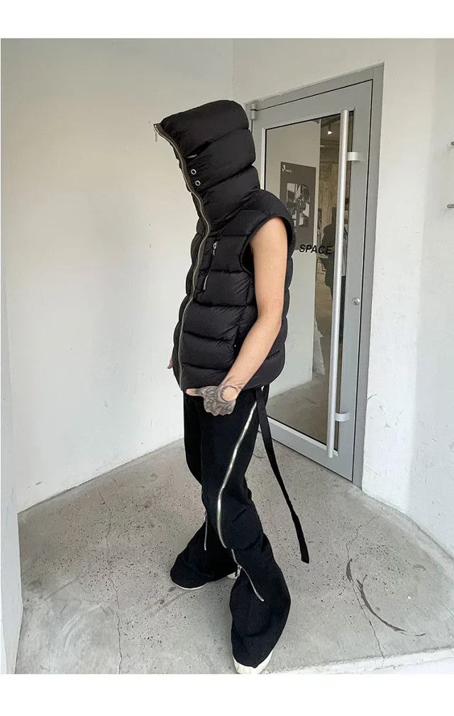Rick Owens Men's Fall/Winter Dark Style Casual Solid-Color Full-Zip Hooded Quilted Down Vest Ngvp #2521