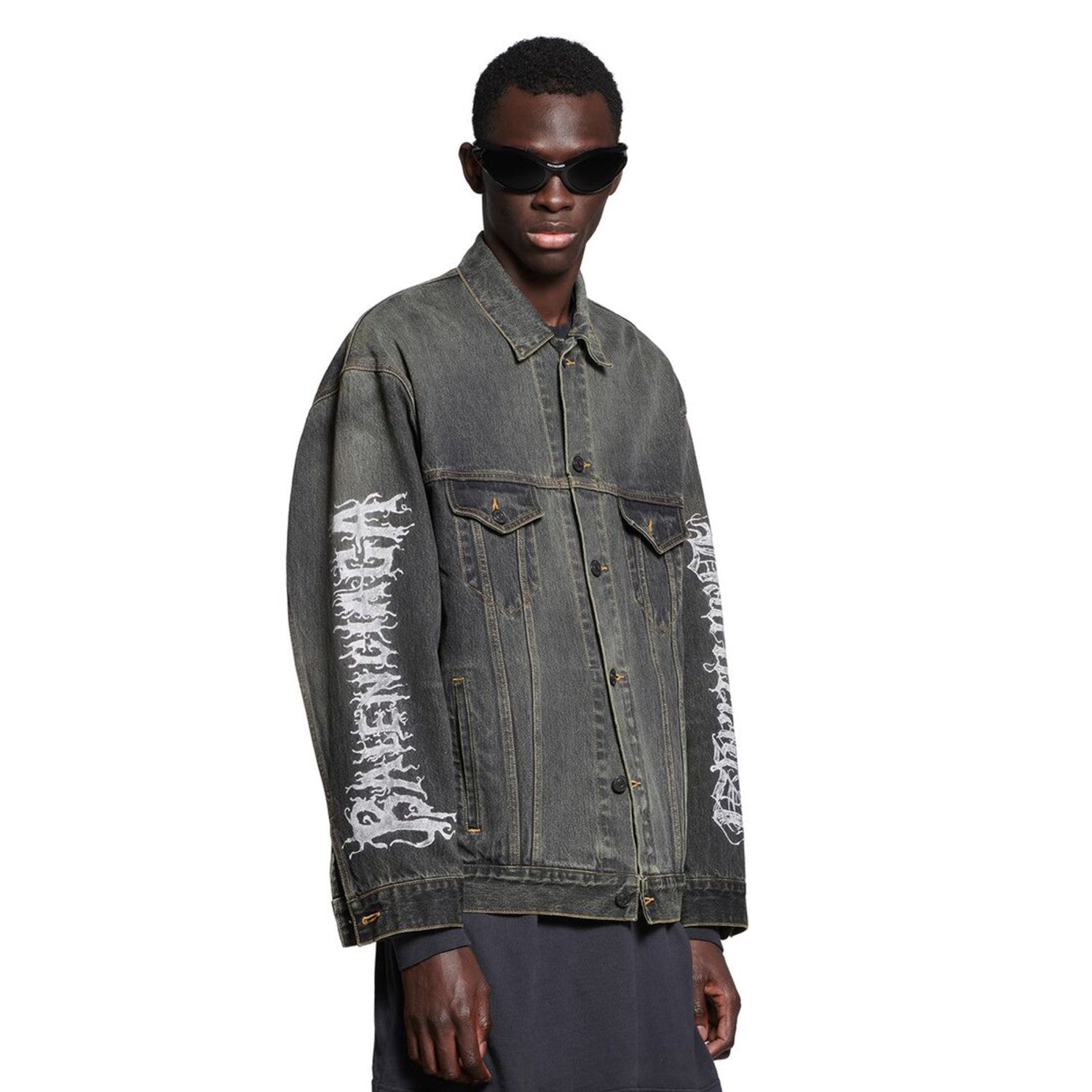 Balenciaga Men's Spring And Autumn Cotton Denim Printed Washed Vintage Denim Jacket Lapel Casual Jacket #98719