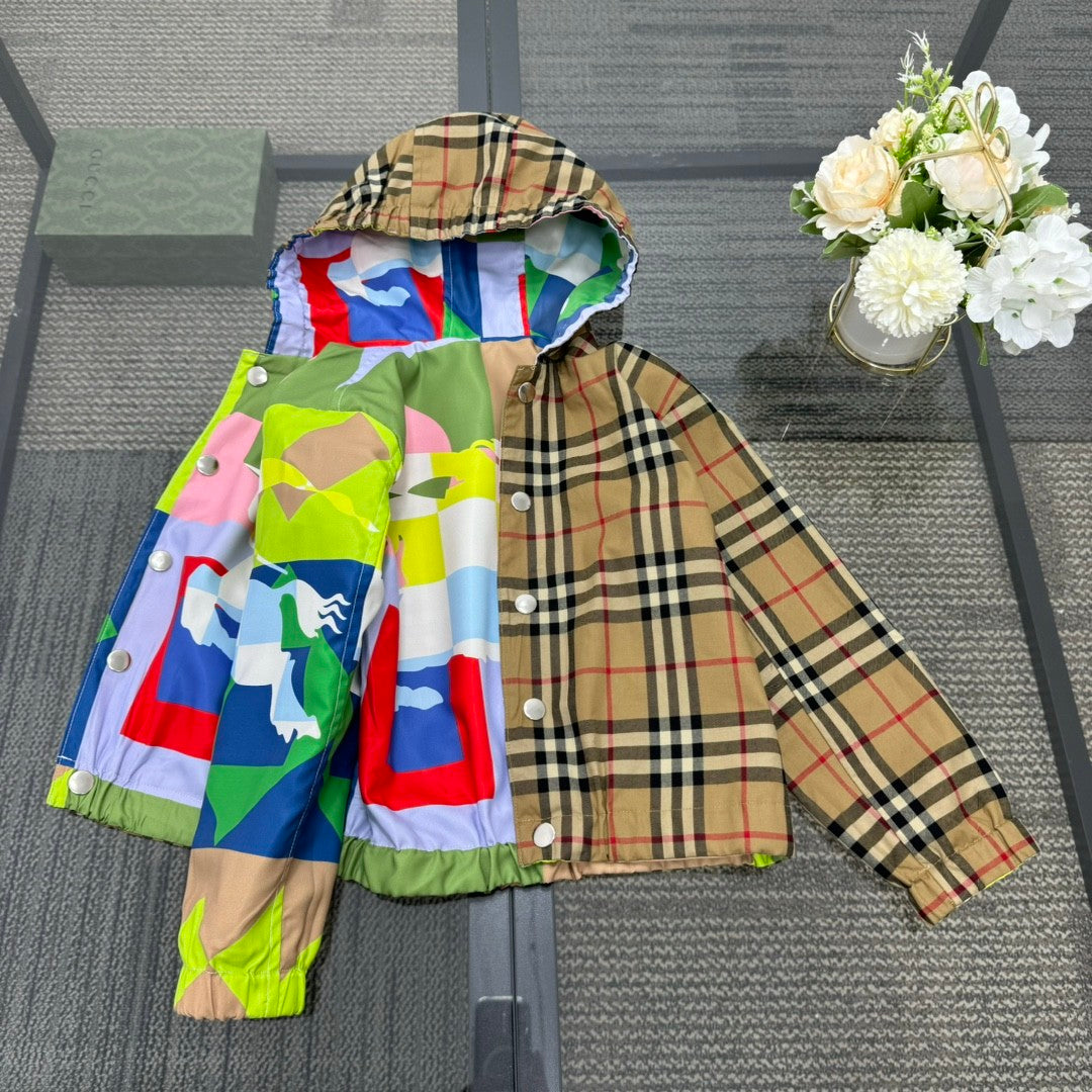 Burberry Kid's Spring Autumn Check Reversible High Street Single Breasted Hooded Long Sleeve Fitted Jacket #31356