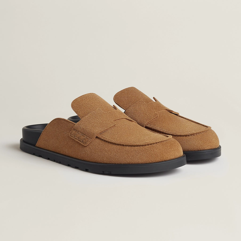 Hermes Men's Spring And Summer Solid Color Calfskin Round Head Flat Bottom Baotou Birkenstock Slippers Shoes #75495