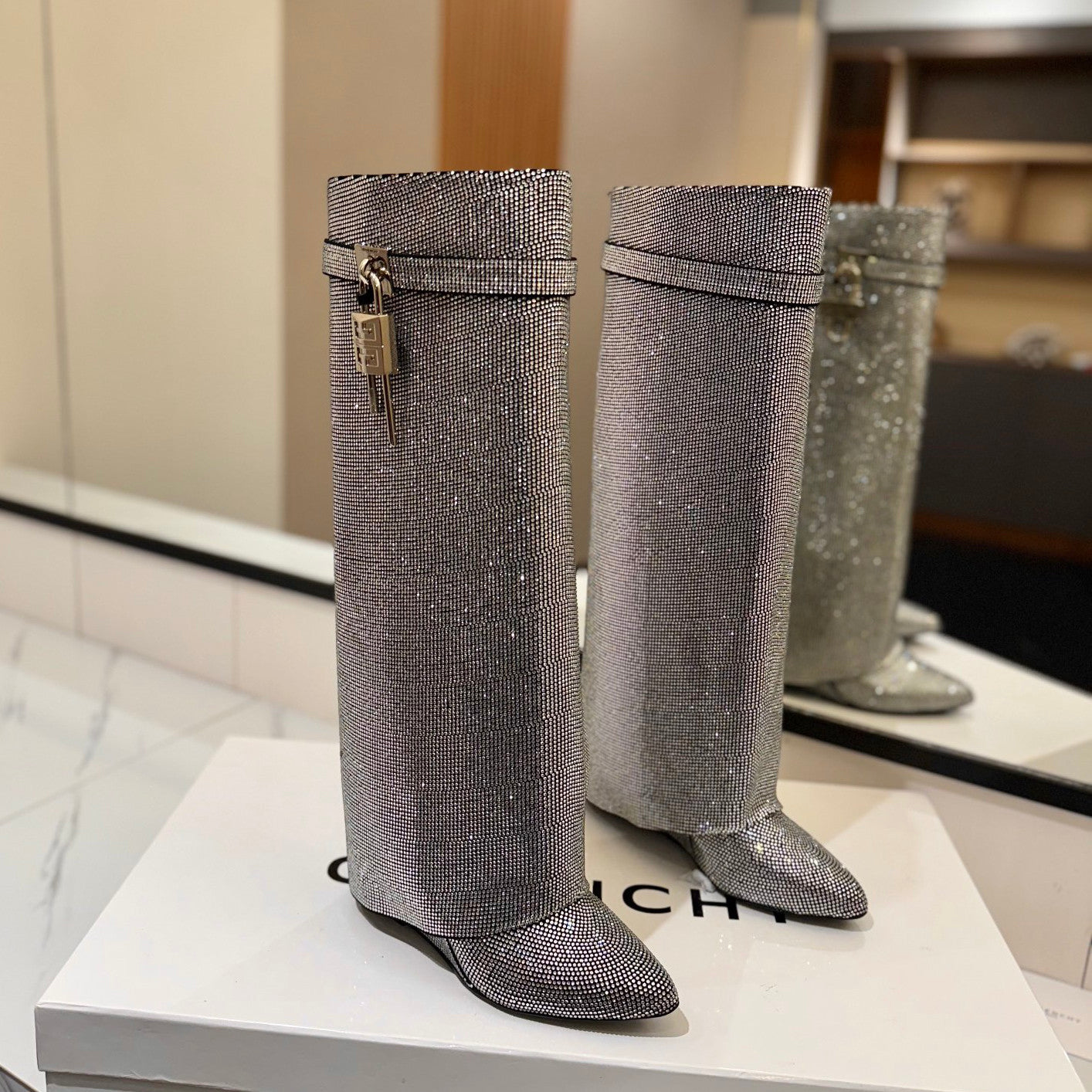 Givenchy Women's Fall/winter Fashion Classic Pointed Toe Cuffed Ankle Boots With Small Diamonds High Heel Long Boots Shoes #79255