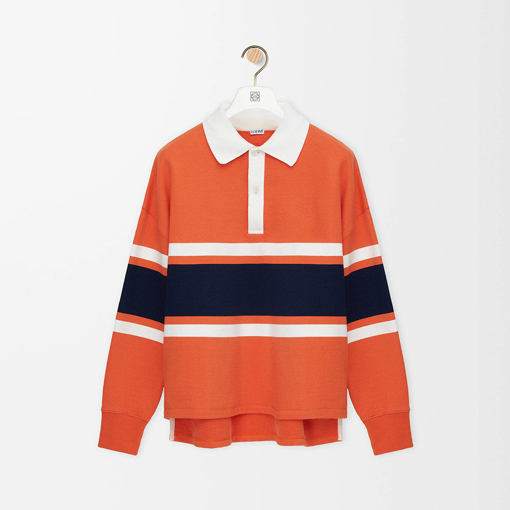 LOEWE FW25 Men's Cotton Horizontal Striped Logo Embroidered Long-Sleeved Polo Shirt #332269