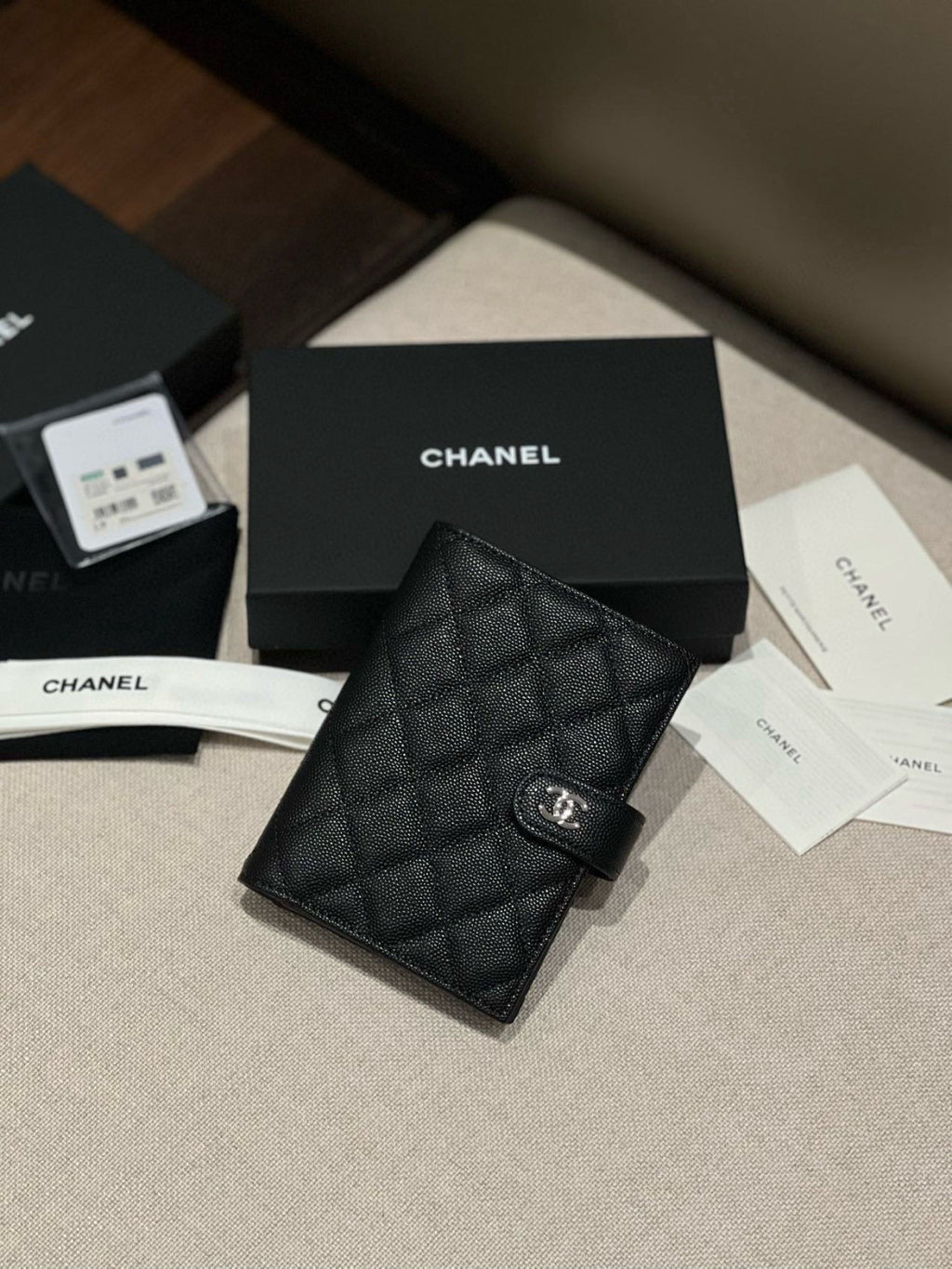 CHANEL Caviar Quilted Passport Holder Black Women's Black Checkered Square Wallet with Gold and Silver Buckles #82319A