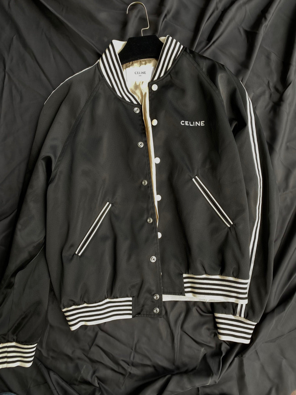 Celine Embroidered Teddy Jacket In Satin-Finish Nylon Logo Baseball Jacket #96291