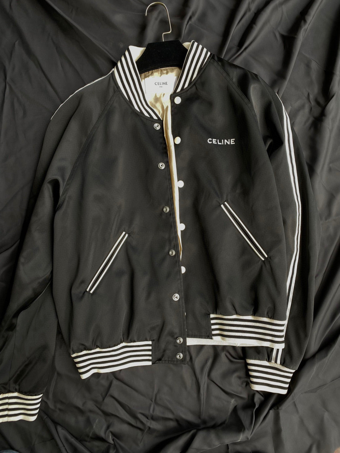 Celine Embroidered Teddy Jacket In Satin-Finish Nylon Logo Baseball Jacket #96291
