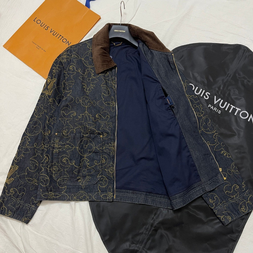 Louis Vuitton Men's Spring And Fall Logo Embroidery Zipper Lapel Long Sleeved Denim Jacket Casual Jeans Pants Suit Set #75267