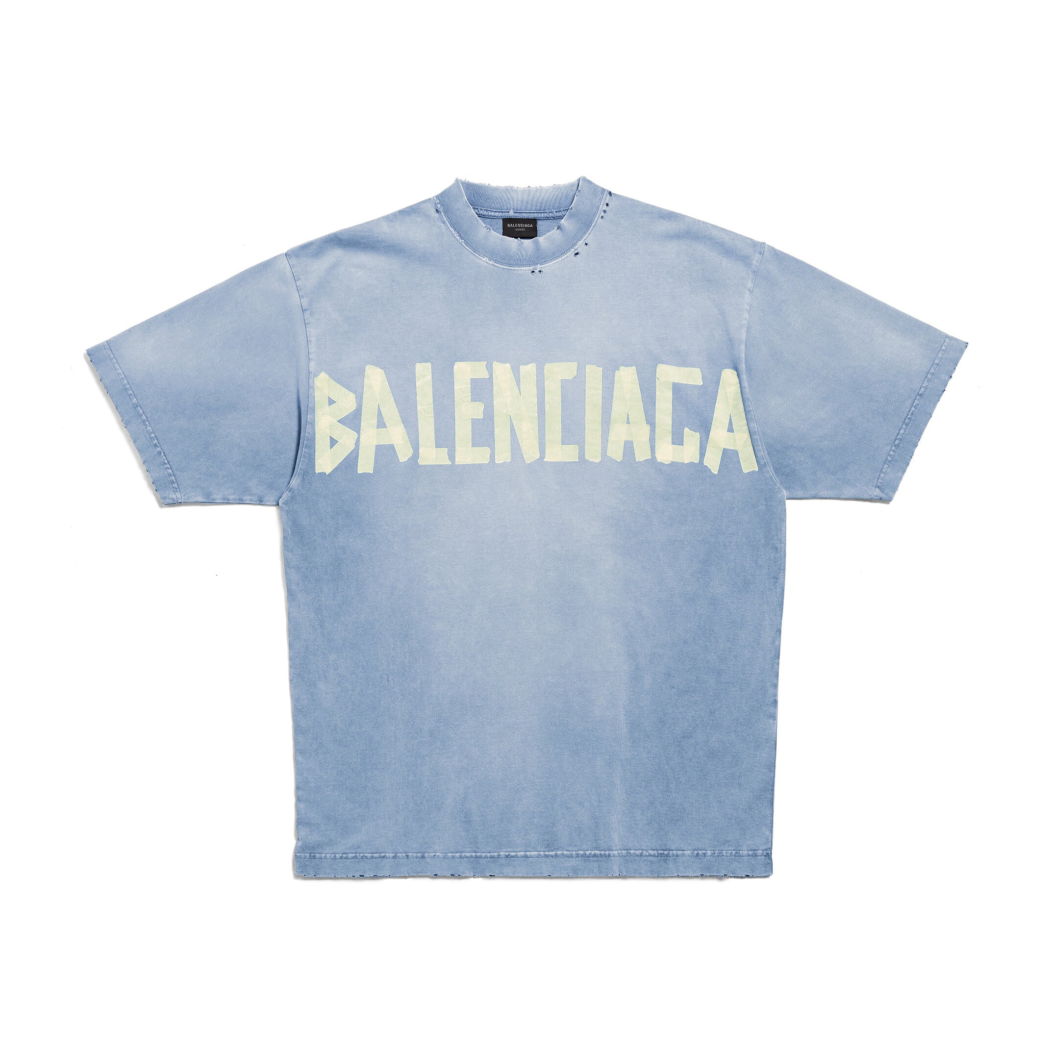 Balenciaga Men's Summer Tape Type Short Sleeved T-shirt Medium Fit Faded Blue #97268