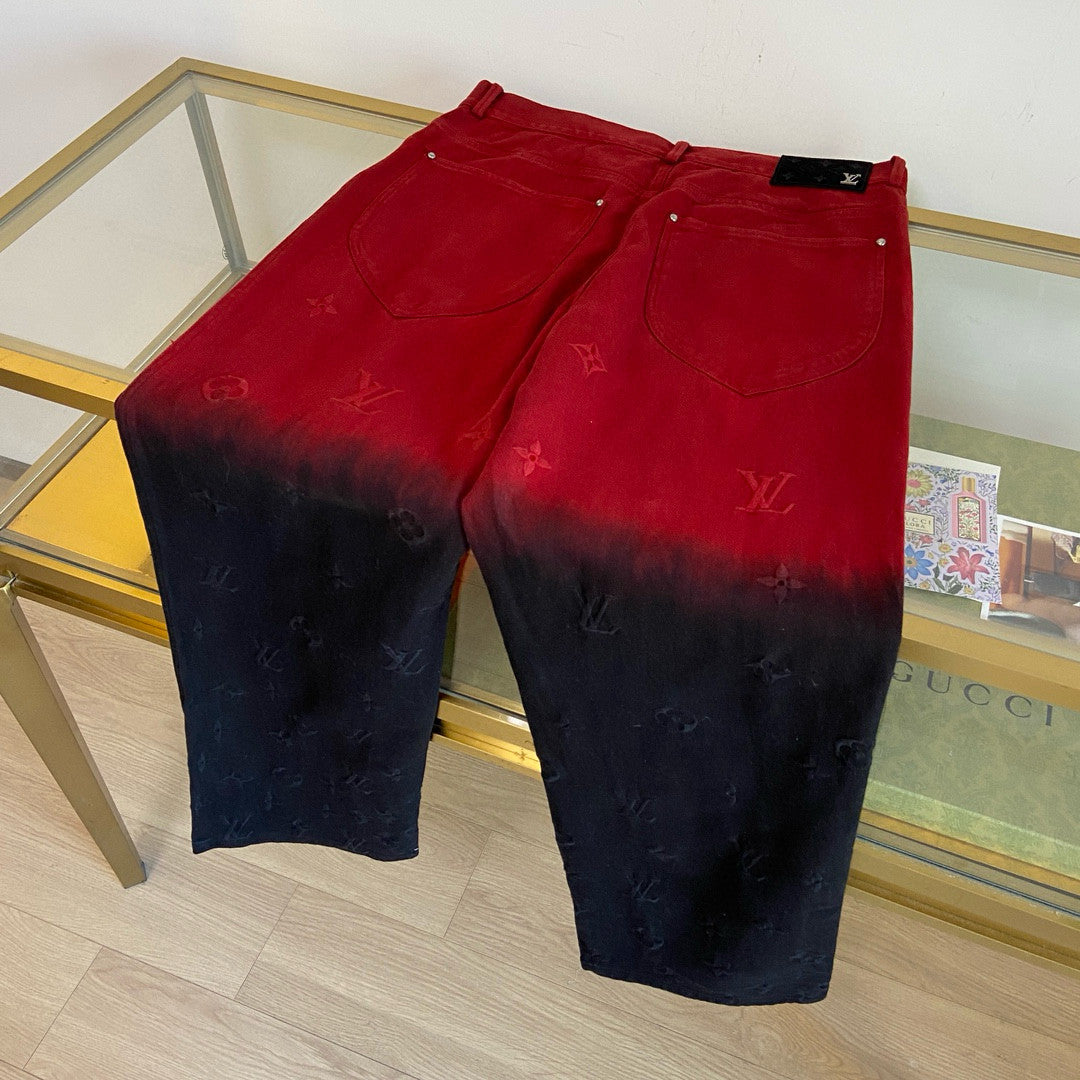 Louis Vuitton Men's Fall/Winter Black and Red Gradient Embroidered Logo Patterns Straight Leg Jeans Pants #98169