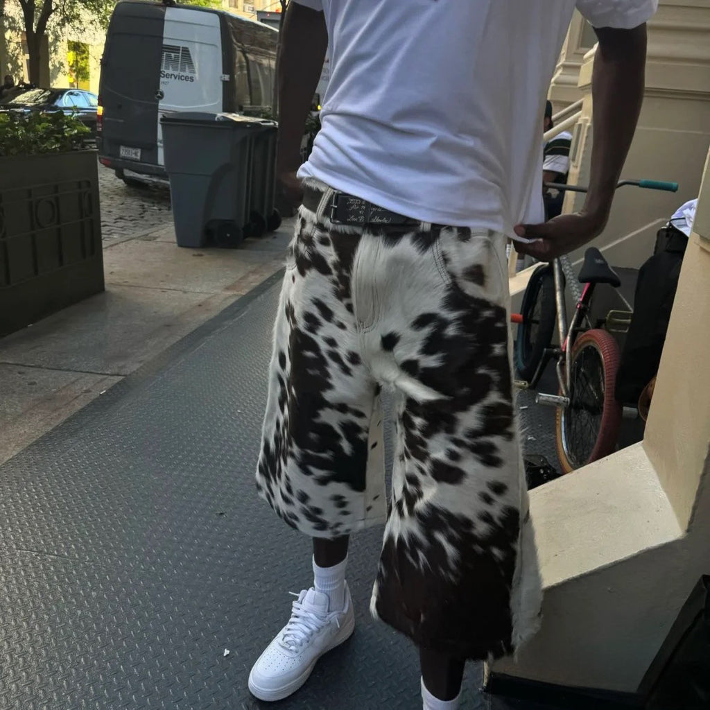 Self-branded Spring And Summer New 1of1 Leather Cow Fur Shorts High Street Trend Fashion Hip-hop Style Versatile Luxury Wide-legged Shorts Ngvp #1583
