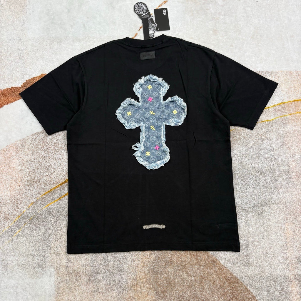 Chrome Hearts Men's And Women's Summer Solid Color Embroidered Denim Printed Cotton Crew Neck Short Sleeve T-shirt #77395