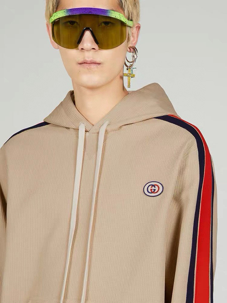 Gucci Men's Summer Striped Logo Print Hooded Sweatshirt Pullover Tie High Waisted Shorts Set Suit #98813