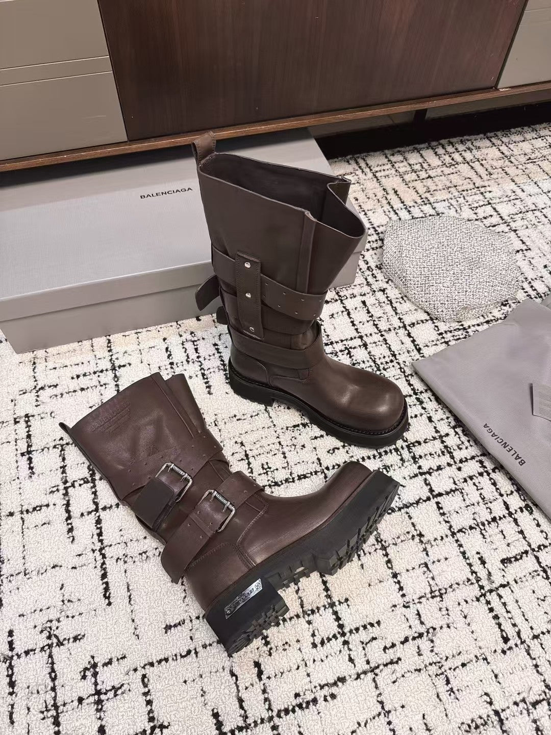 Balenciaga Women's Four Seasons Solid Color Grained Cowhide Tall Martin Boots Shoes #76425
