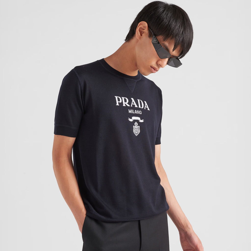 Prada Men's Summer Dark Blue Letter Print Round Neck Cotton Short Sleeve T-Shirt #99512