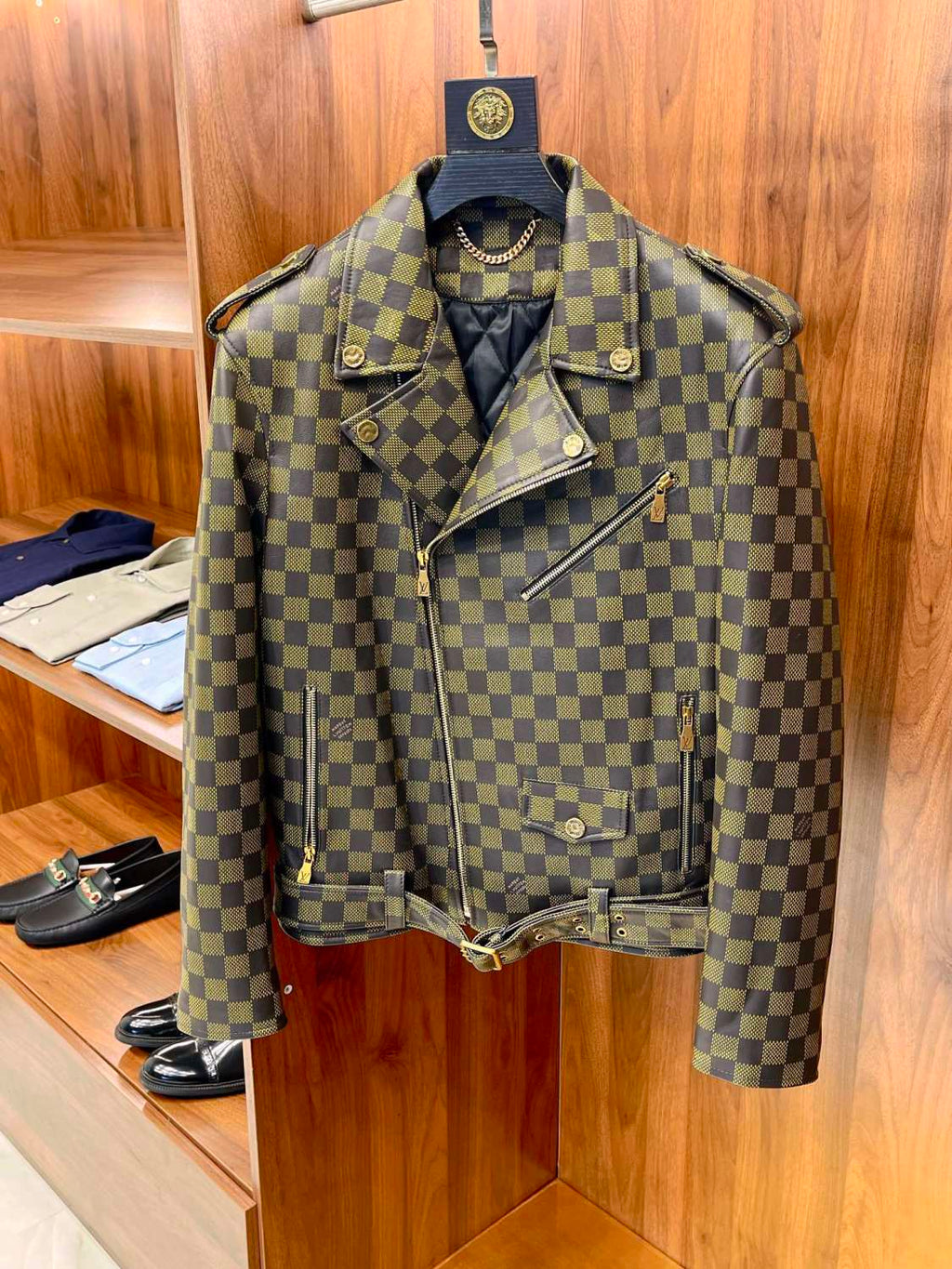 Louis Vuitton Men's Autumn and Winter Checkerboard Print Zipper Short Lapel Long Sleeve Leather Jacket #73267