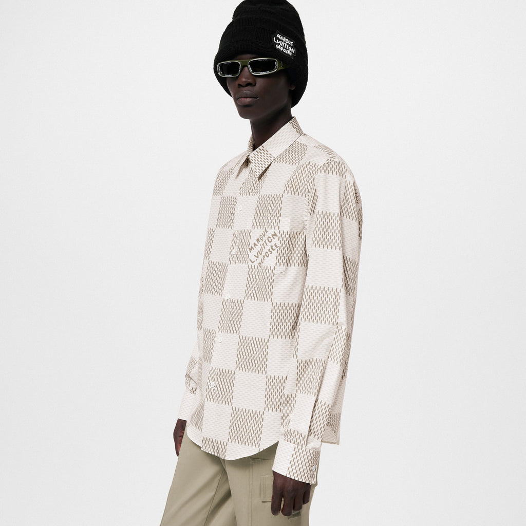 Louis Vuitton Men's Summer White Letter Check Printed Lapel Single Breasted Long Sleeve Shirt #99211