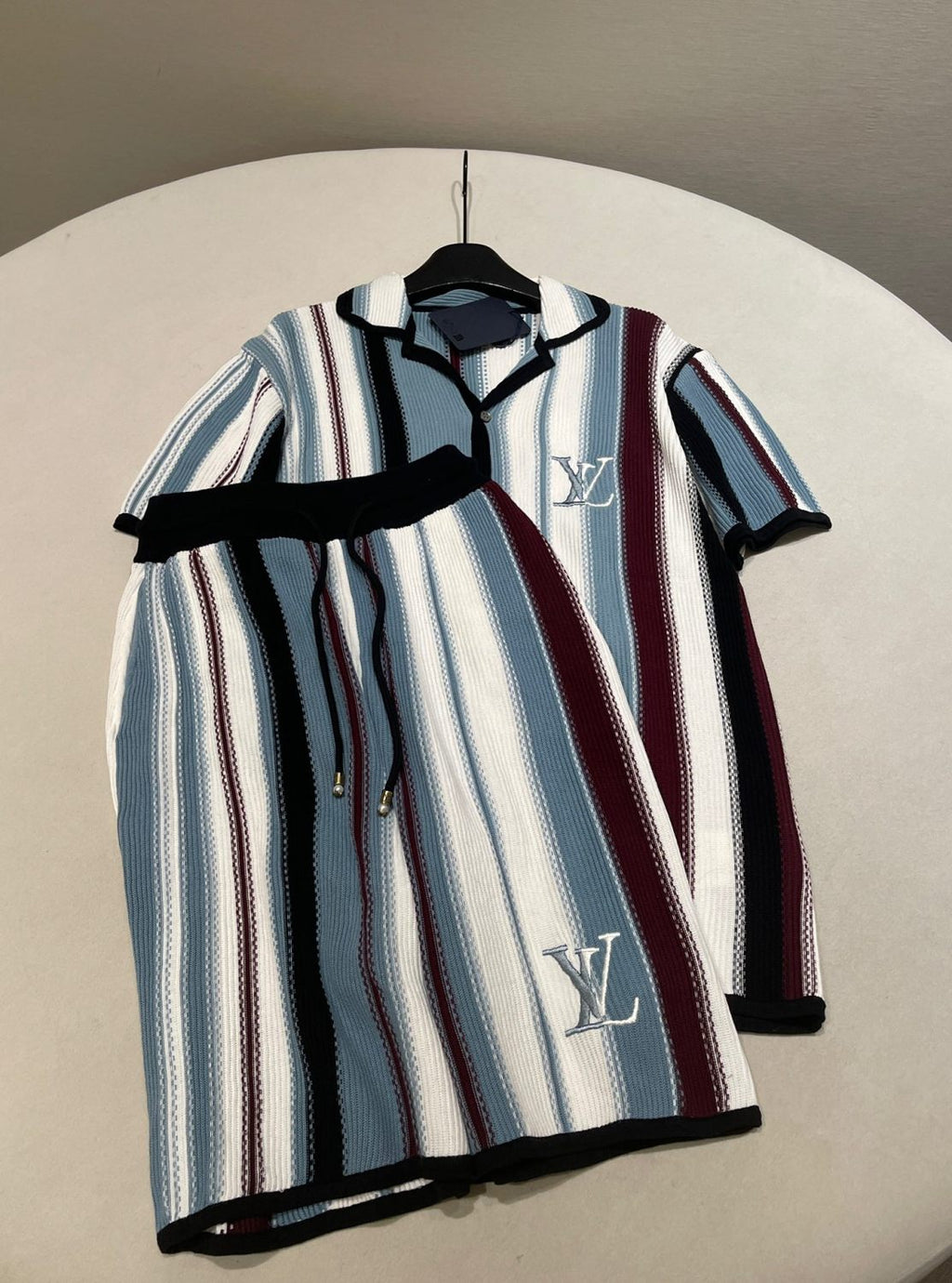 Louis Vuitton Men's Summer Embroidered Logo Stripe Crochet Single Breasted Short Sleeve Shirt Casual Lace Up Shorts Suit Set #81258