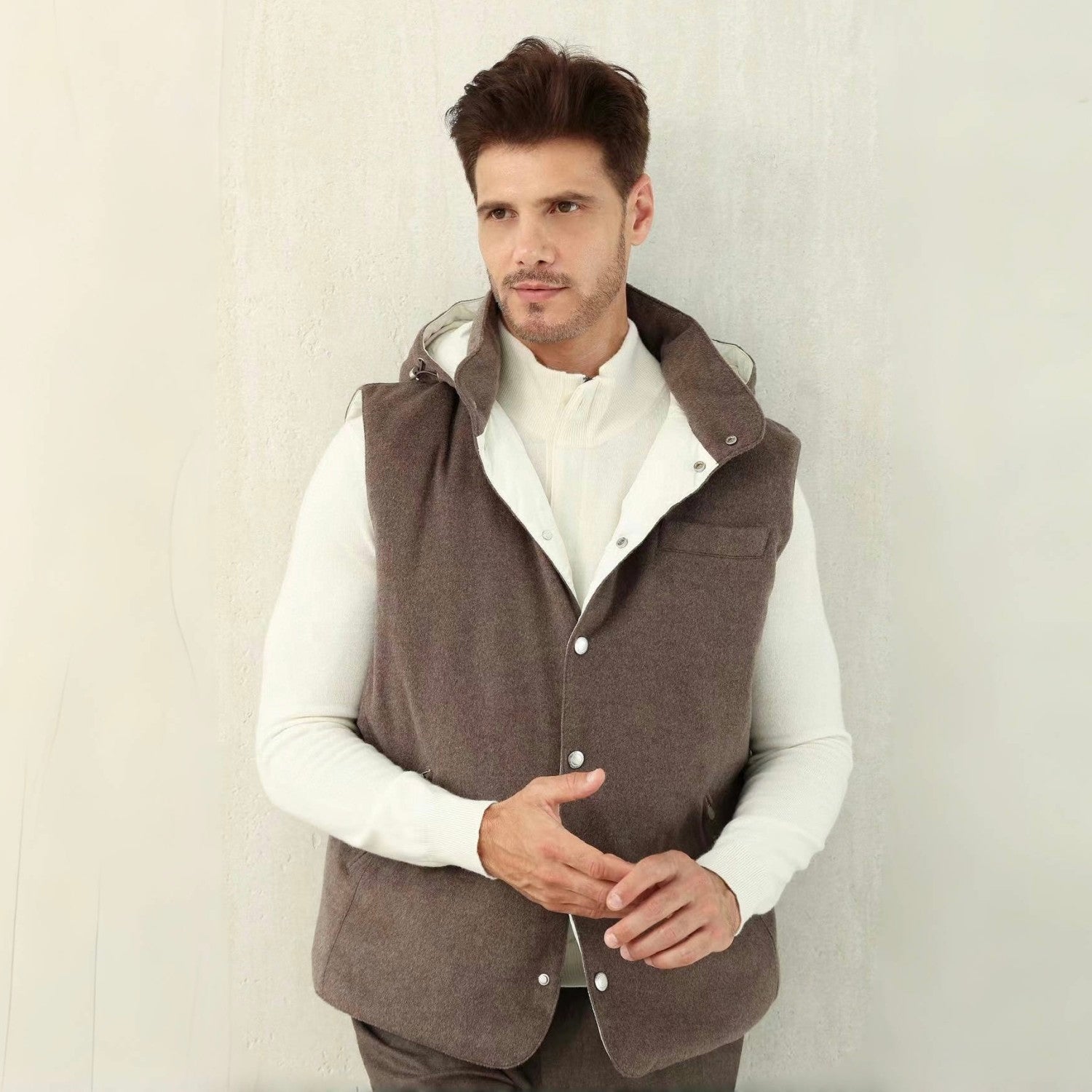 Brunello Cucinelli Men's Spring/Autumn Detachable Hooded Solid Color Single-Breasted Bonded Wool Flannel Down Vest Ngvp #2293