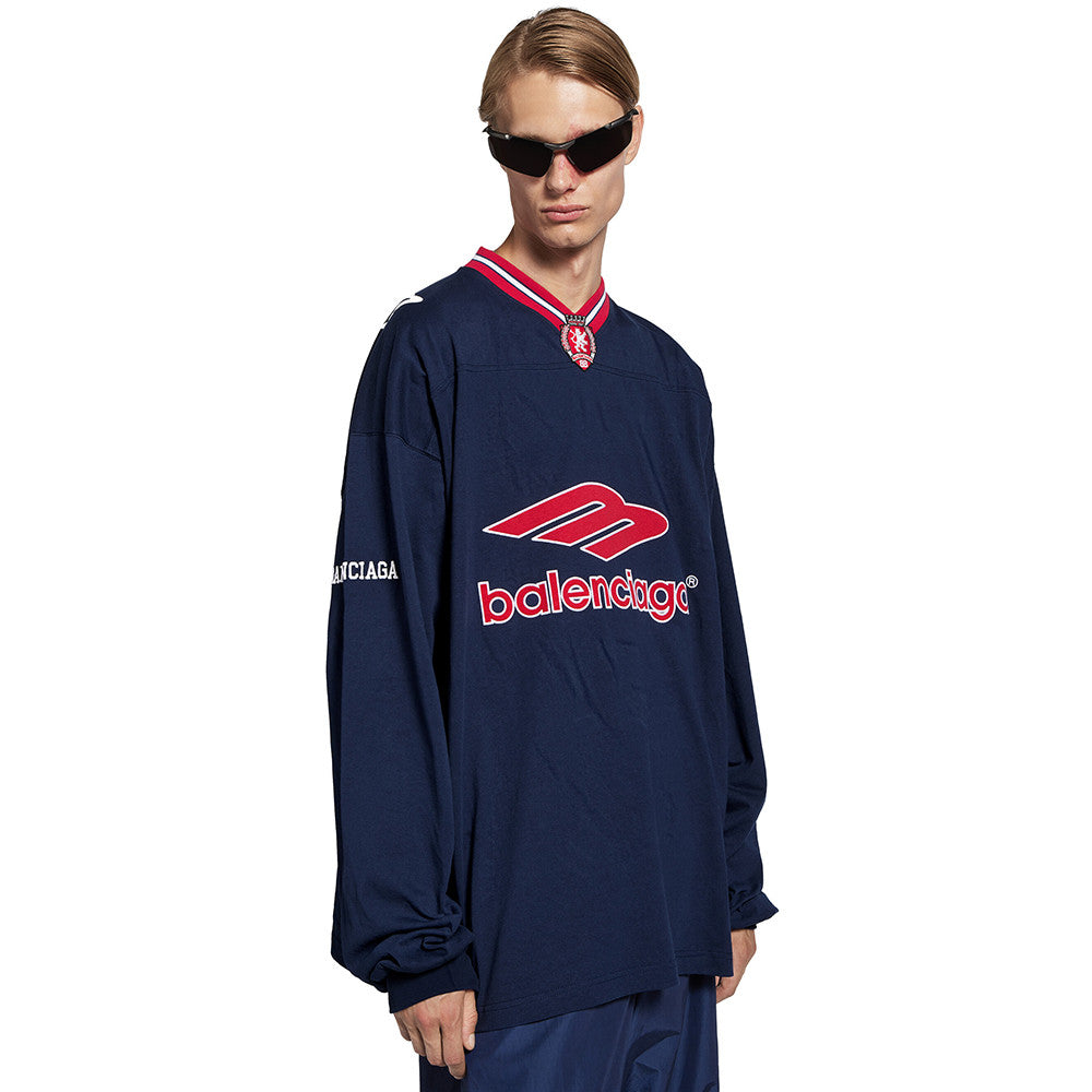Balenciaga Men's 3b Football Long Sleeve V-neck T-shirt in Dark Navy red  #334654