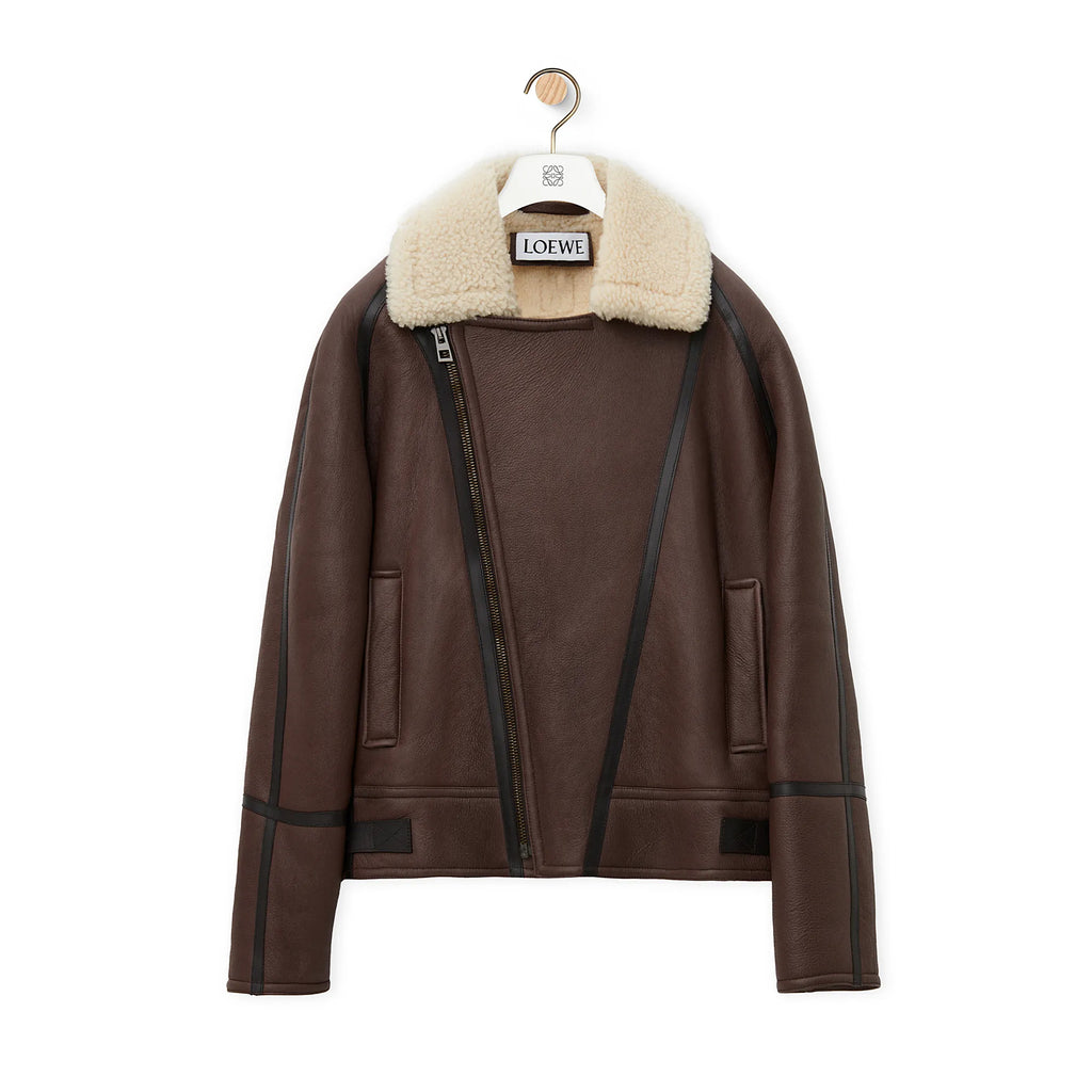 Loewe Men's Autumn And Winter Shearling Pilot Jacket Solid Color Zipper Lapel Loose Leather Jacket ﻿Ngvp #9776