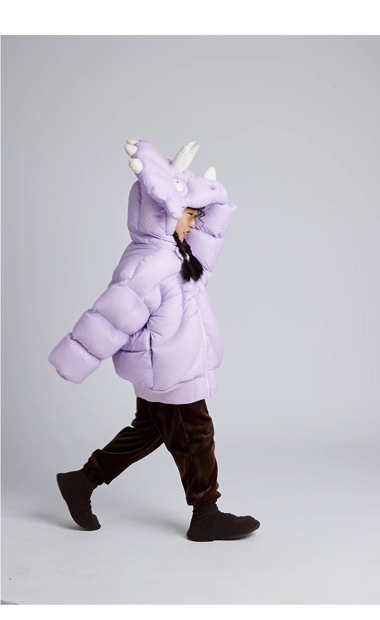 Kid's Autumn And Winter Solid Color Triceratops Jacket Thickened Short Zipper Loose Hooded Puffer Down Jacket #31322