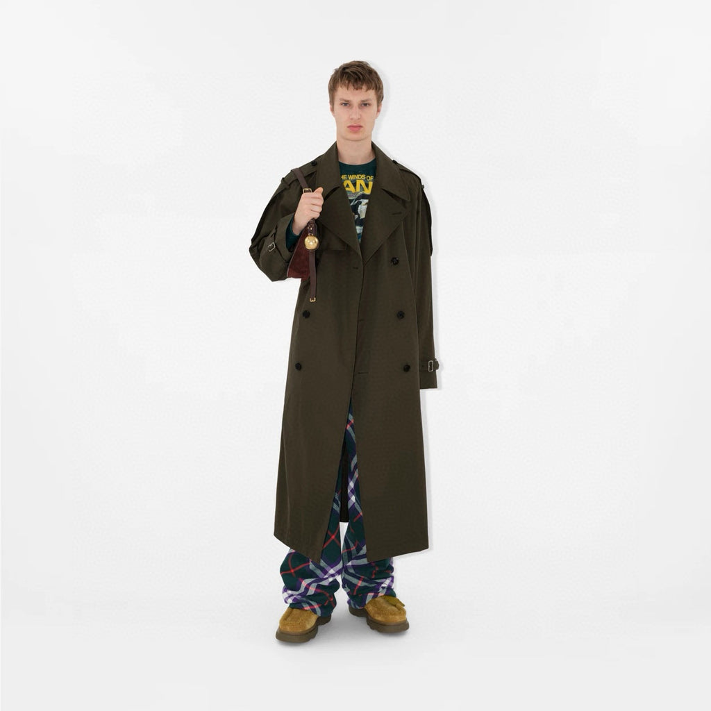 Burberry Men's Spring And Fall Solid Color Double Breasted Tie Waist Long Windbreaker Coat Jacket #98782