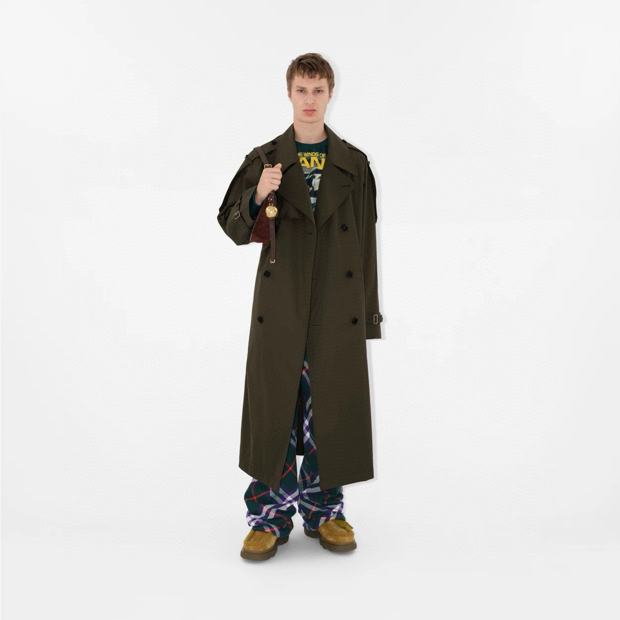 Burberry Men's Spring And Fall Solid Color Double Breasted Tie Waist Long Windbreaker Coat Jacket #98782
