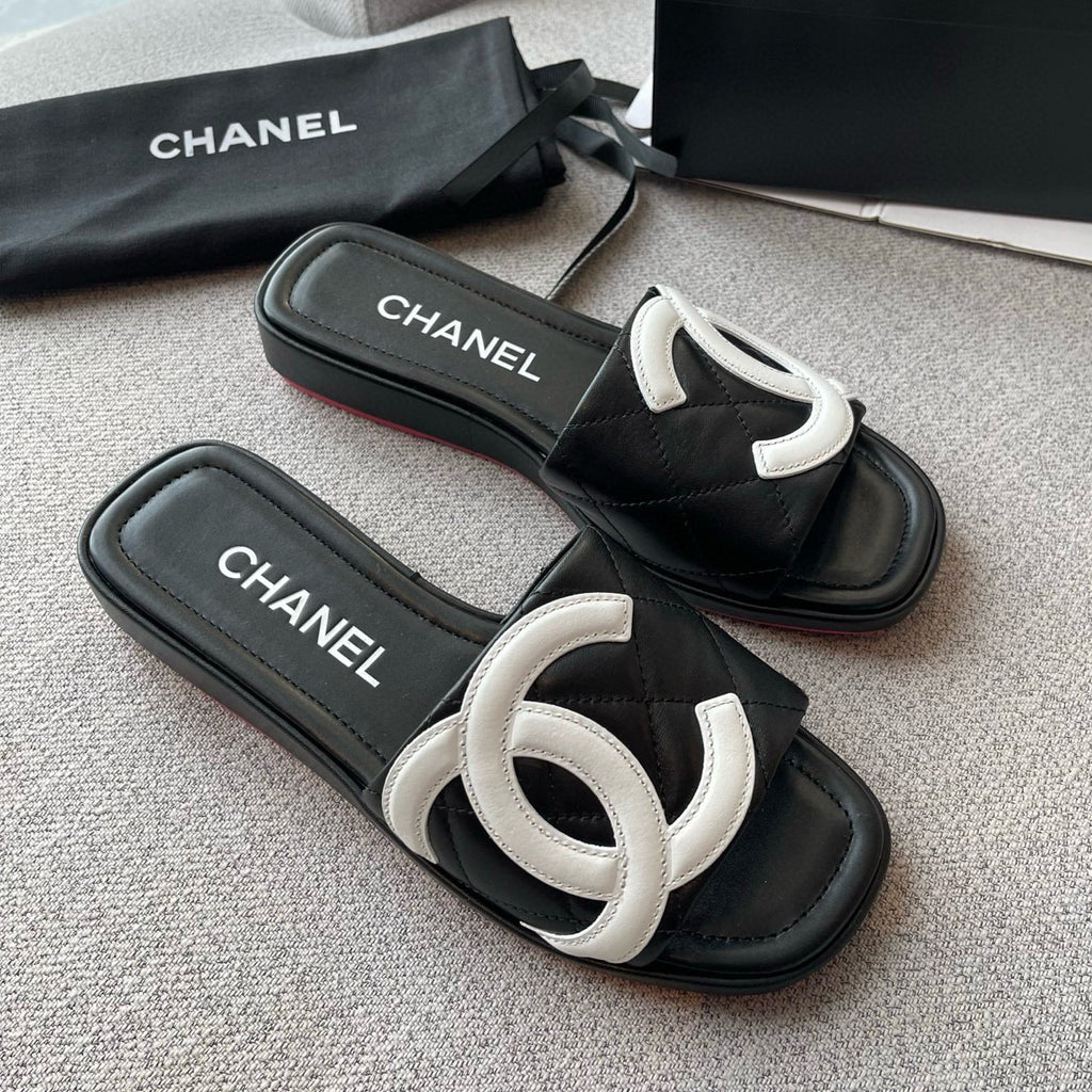 Chanel Women's Summer Double C Print Solid Color Leather Sandals Slippers Shoes #77691