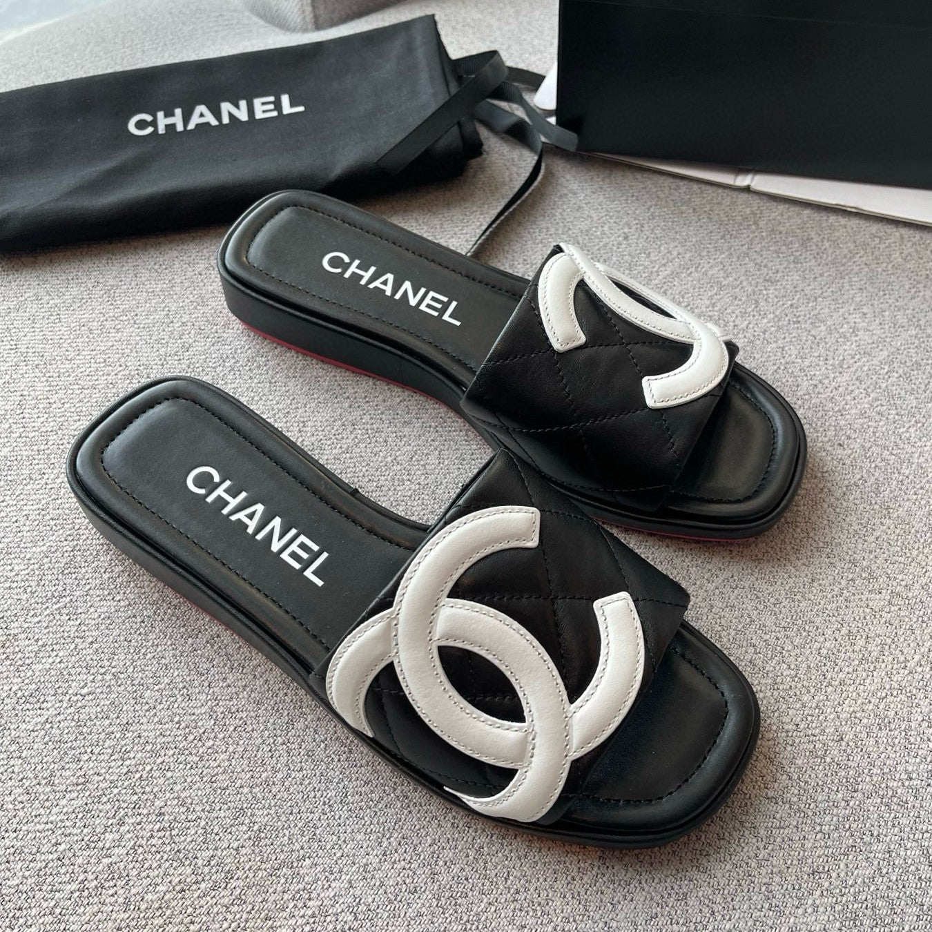 Chanel Women's Summer Double C Print Solid Color Leather Sandals Slippers Shoes #77691