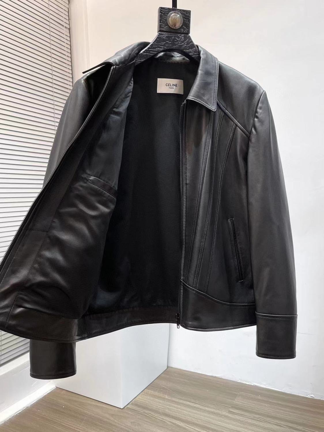 Celine Men's Fall And Winter Black Lapel Zipper Casual Lambskin Long Sleeve Jacket #98469
