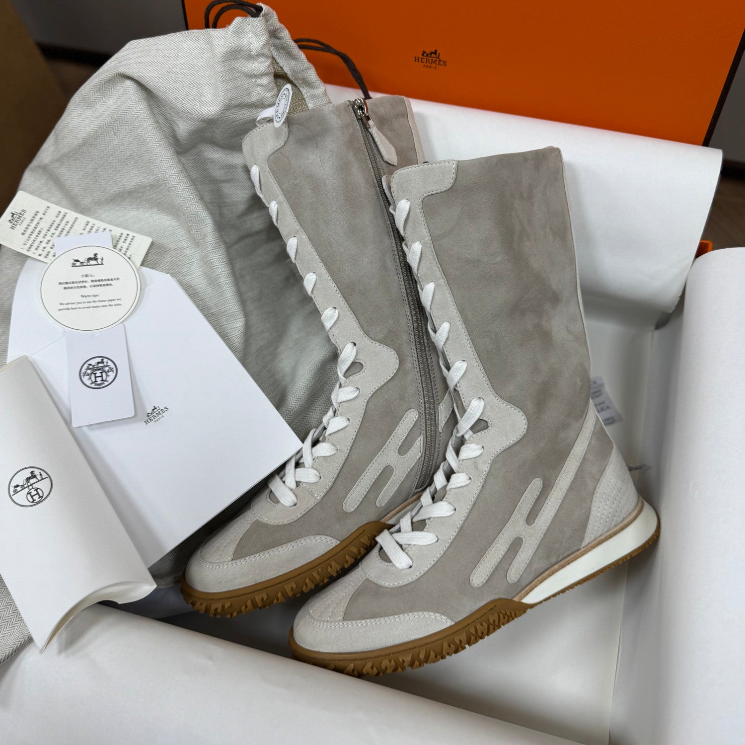 Hermes Lace Up Women's Spring/Fall Fashion Casual Round Toe Lace Up Suede High Top Flat Sneakers Shoe #79377