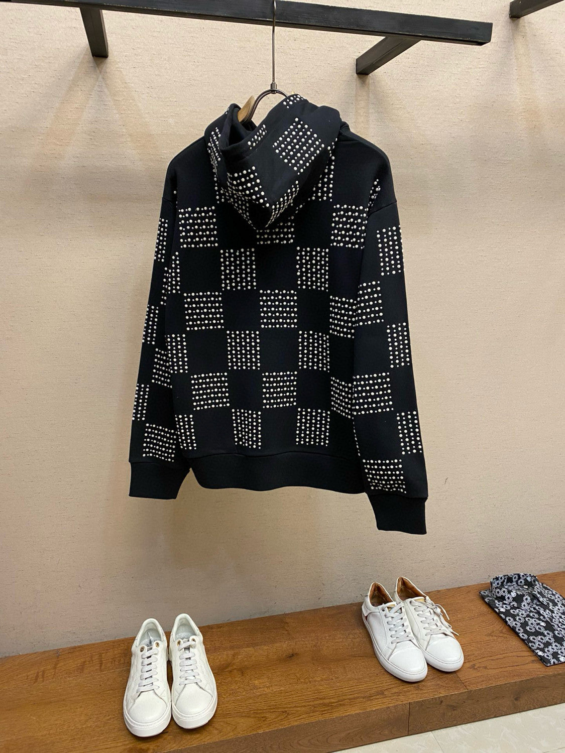 Louis Vuitton Men's Autumn/Winter Full Width Pearl Checkerboard Fleece Hooded Sweatshirt Pullover #97833