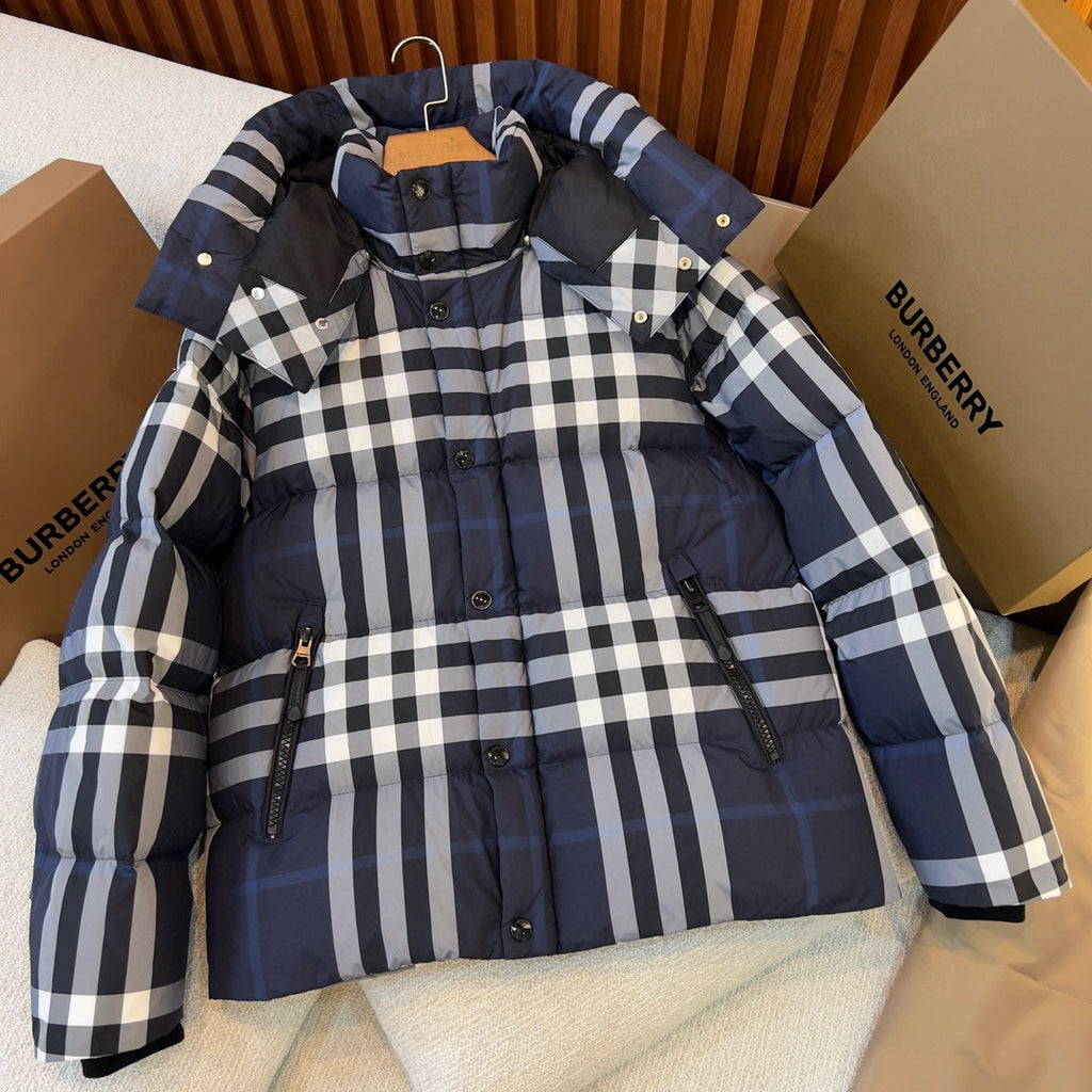Burberry Men's Winter Fashion Casual High Tie Hood Windproof Single Breasted Detachable Hood Night Color Plaid Down Jacket #79373