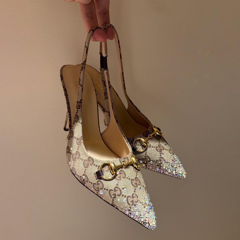 GUCCI Crystal-embellished Horsebit Buckle Women's Back-tie Low-cut Shoes Women's Spring/summer GG Canvas Crystal High-heel Shoes Elegant Luxurious Heel Height: 10cm #81437