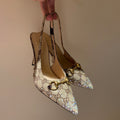 GUCCI Crystal-embellished Horsebit Buckle Women's Back-tie Low-cut Shoes Women's Spring/summer GG Canvas Crystal High-heel Shoes Elegant Luxurious Heel Height: 10cm #81437