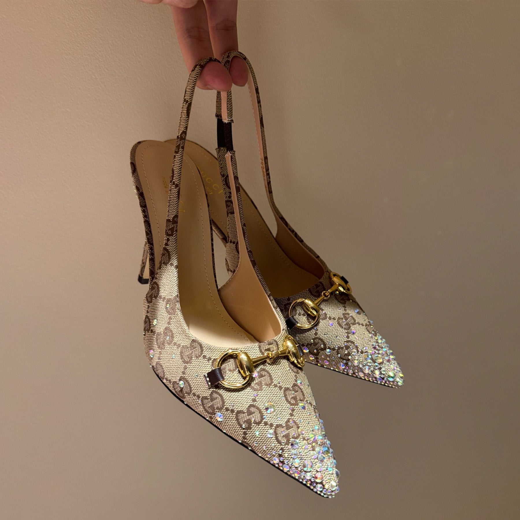 GUCCI Crystal-embellished Horsebit Buckle Women's Back-tie Low-cut Shoes Women's Spring/summer GG Canvas Crystal High-heel Shoes Elegant Luxurious Heel Height: 10cm #81437