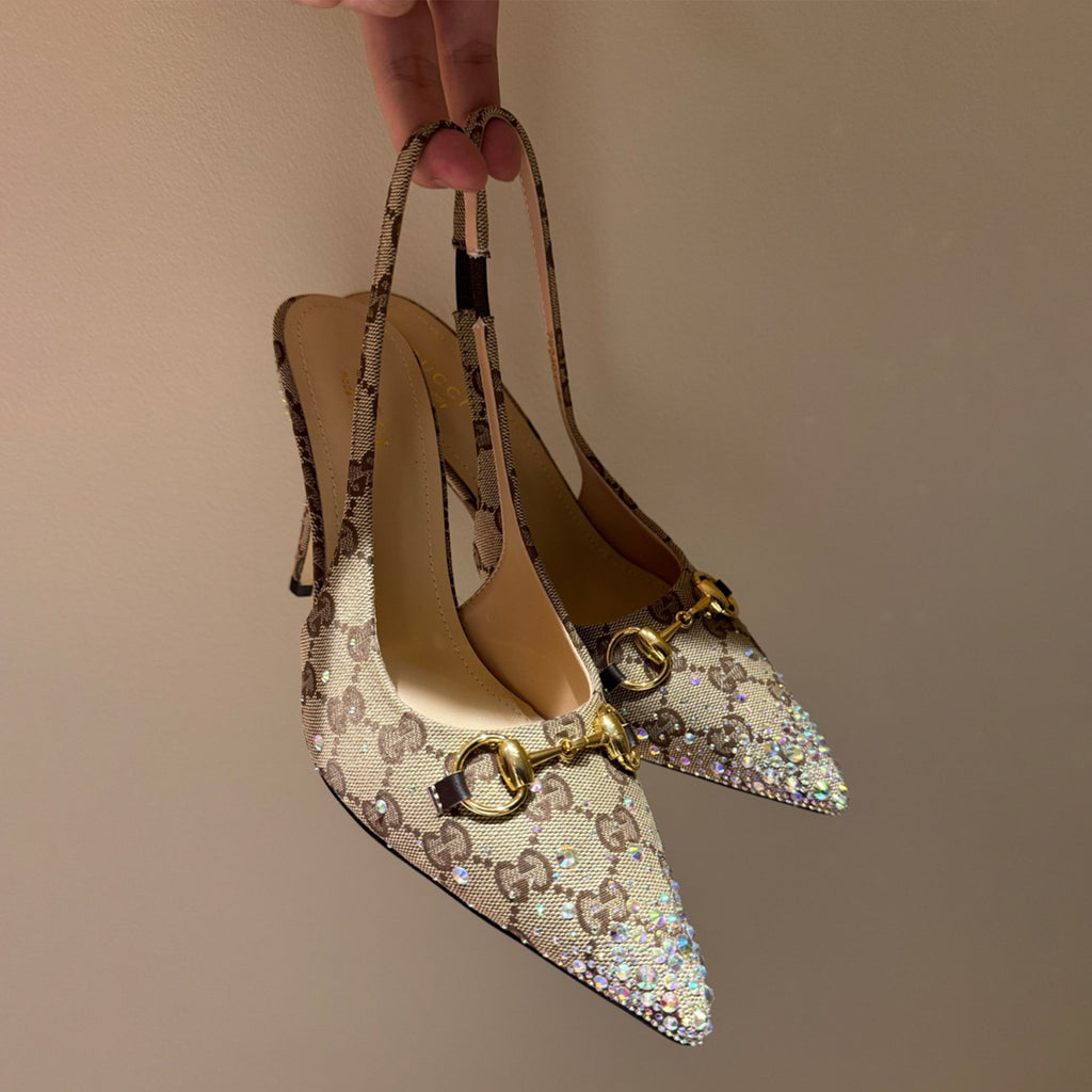 GUCCI Crystal-embellished Horsebit Buckle Women's Back-tie Low-cut Shoes Women's Spring/summer GG Canvas Crystal High-heel Shoes Elegant Luxurious Heel Height: 10cm #81437