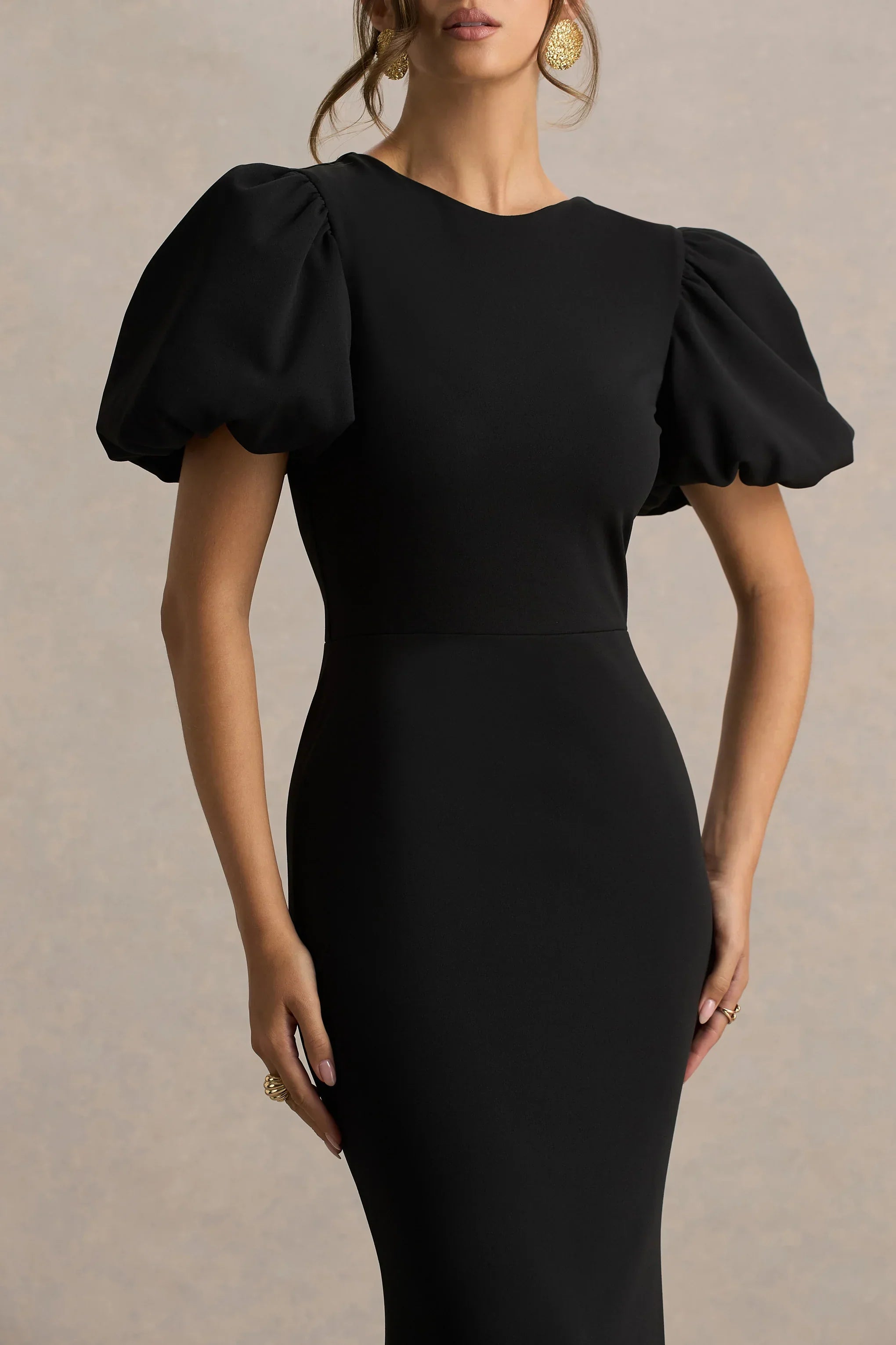 Carolina | Black Puff-Sleeve Maxi Dress With White Bow Detail