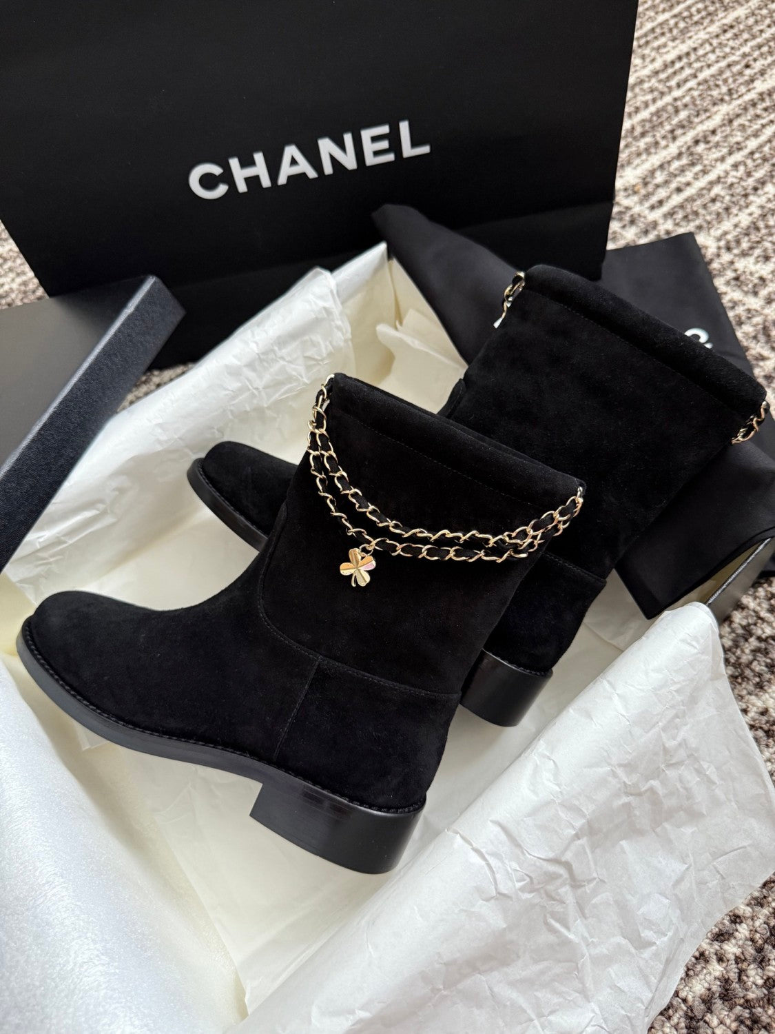 Chanel Women's Fall/winter Fashion Classic Solid Color Leather Suede Round Toe Cuffed Chunky Heel Chain Pendant Ankle Boots Shoes #79218