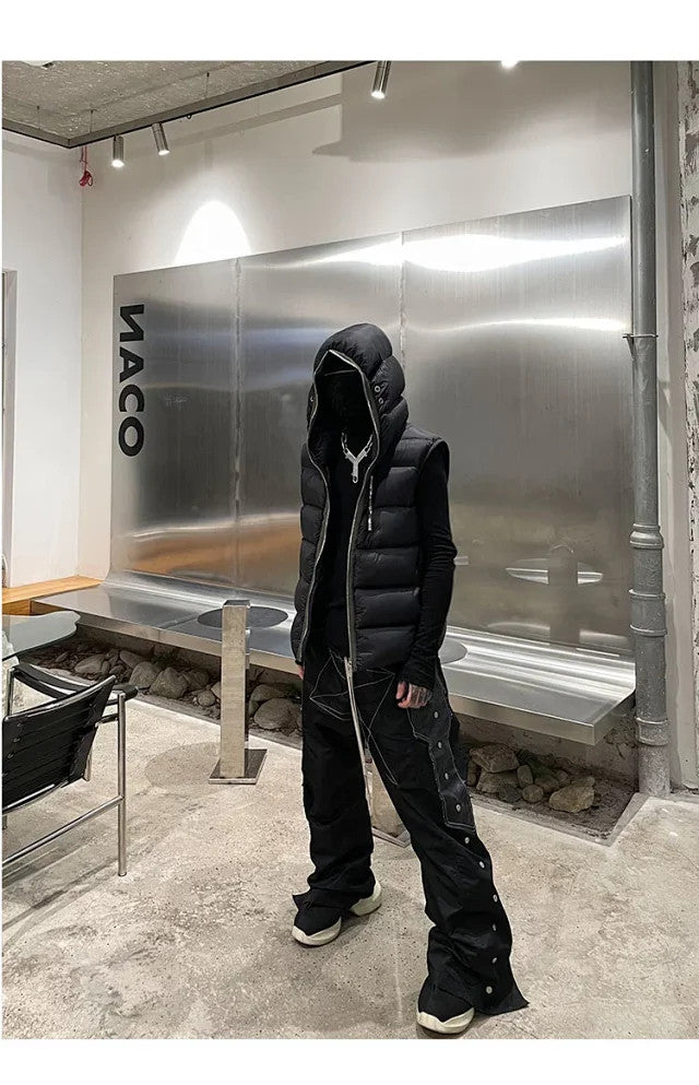 Rick Owens Men's Fall/Winter Dark Style Casual Solid-Color Full-Zip Hooded Quilted Down Vest Ngvp #2521