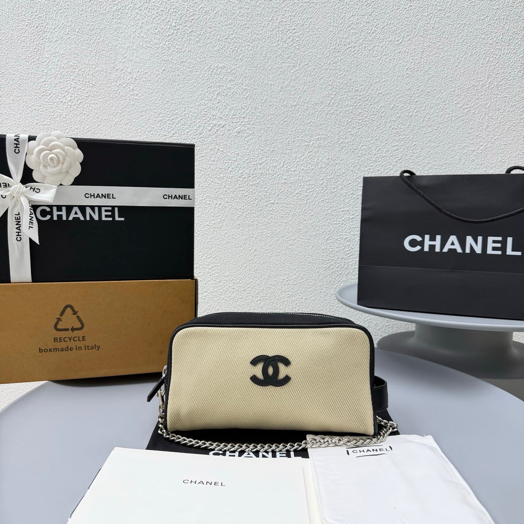 Chanel Large Zipped Pouch Canvas Calfskin Silver-tone Metal Blue And Black Stylish And Elegant Make-up Bag Bags #84397A