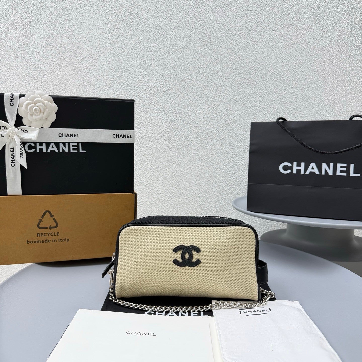 Chanel Large Zipped Pouch Canvas Calfskin Silver-tone Metal Blue And Black Stylish And Elegant Make-up Bag Bags #84397A